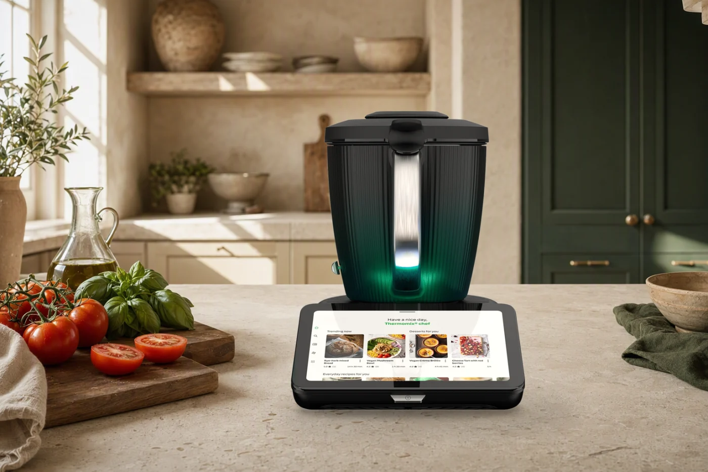 Sıcak, doğal ışıklı bir mutfakta Thermomix TM7, taze malzemeler ve yemek hazırlığı